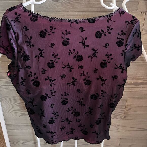 SHEIN ICON 90s Floral Print Bow Front Lettuce Trim Crop Mesh Tee Y2K XL - Picture 12 of 12